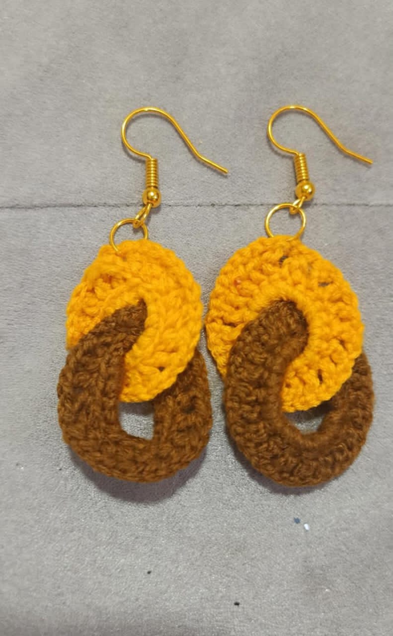Mustard and brown interlocking crochet hoop earrings