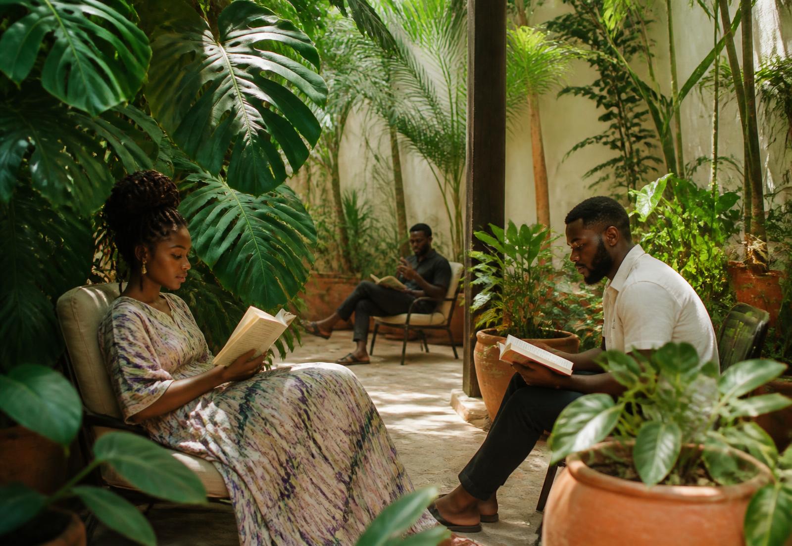 Readers sitting quietly with books in a warm, light-filled Lagos space