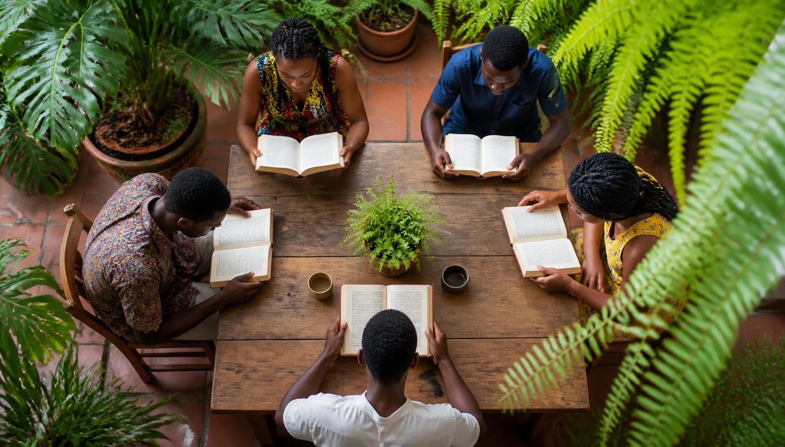 A small group reading silently around a communal wooden table